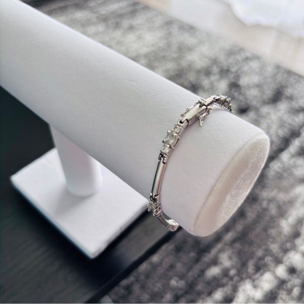 Silver Tone Oval & Round CZ Link Bracelet 7” Box Clasp Sparkle - Picture 12 of 13